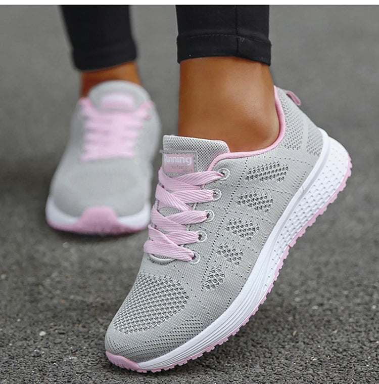 Women's Sneakers Breathable 2025 New Fashion Flat Outdoor Woman Vulcanize Shoes Mesh Fabric Lace Up Ladies Shoes Female Footwear