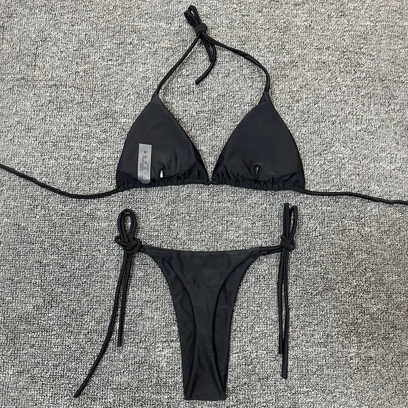 Sexy halter effen kleur bikini set dames tweedelig split triangel string badpak basic eenvoudig femme veter strand badpak