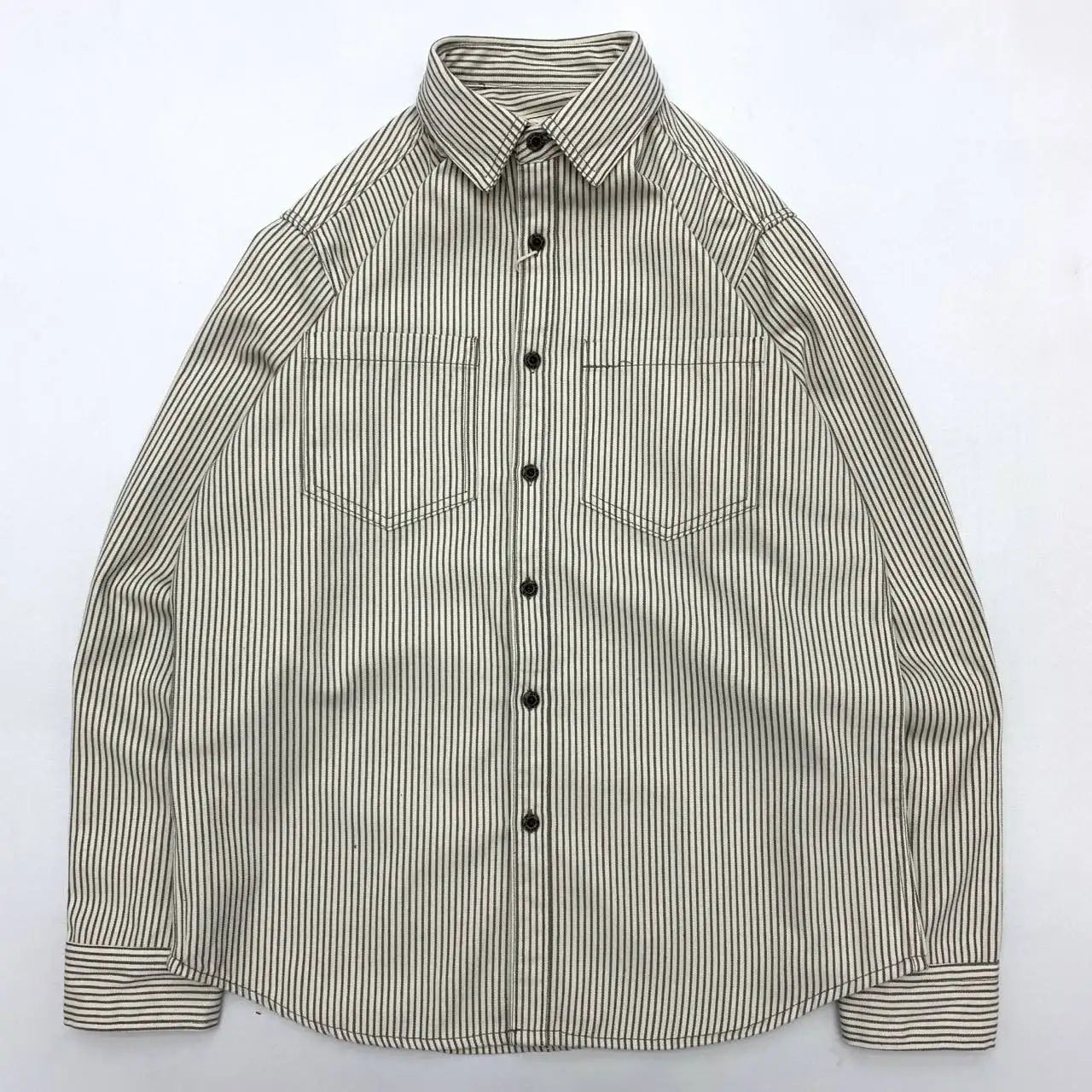 2025 Lente Nieuwe Japanse Retro Lange Mouw Revers Gestreepte Cargo Shirt Heren Amekaji 100% Katoen Gewassen Losse Dubbele Zakken Tops