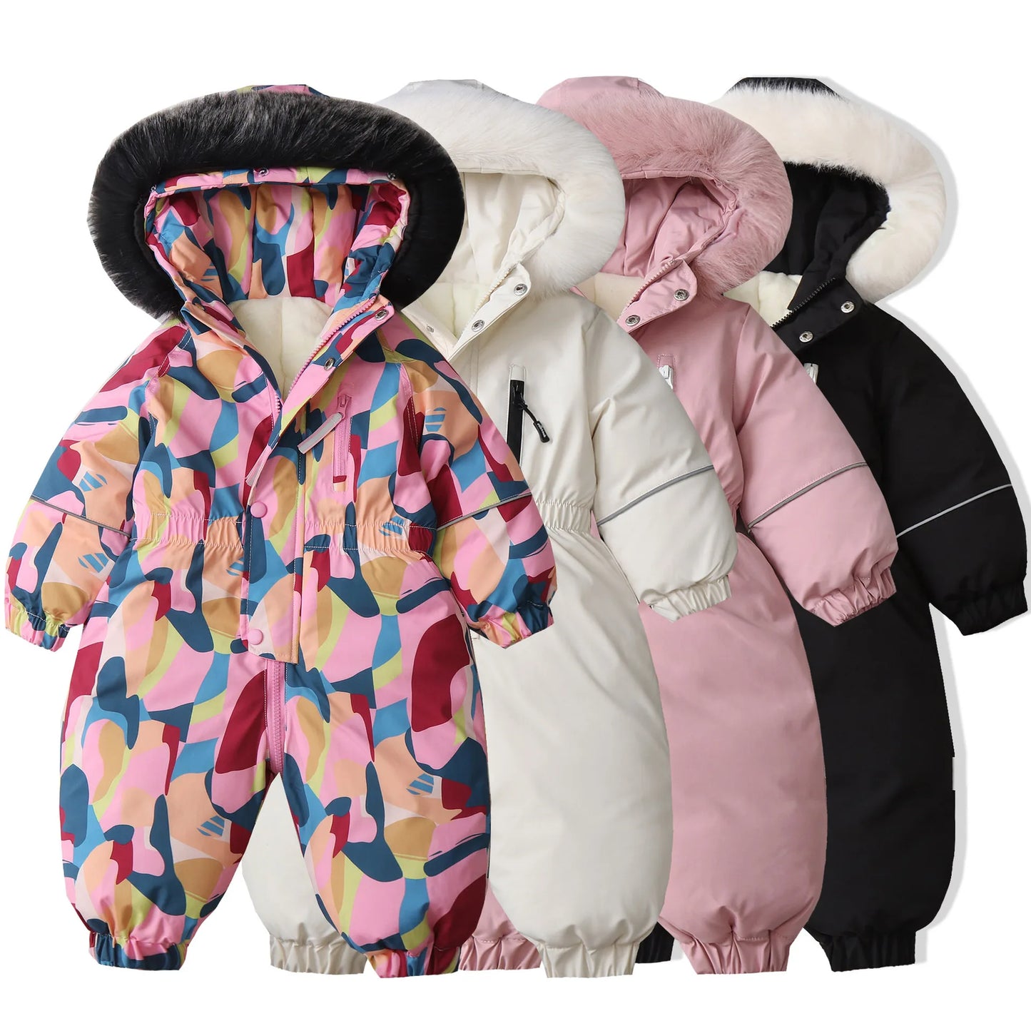 Unisex Children's Winter Warm Ski Suit Polar Fleece Lining Jumpsuit Waterproof Overalls Kid's Hooded Sportswear 1-5Y