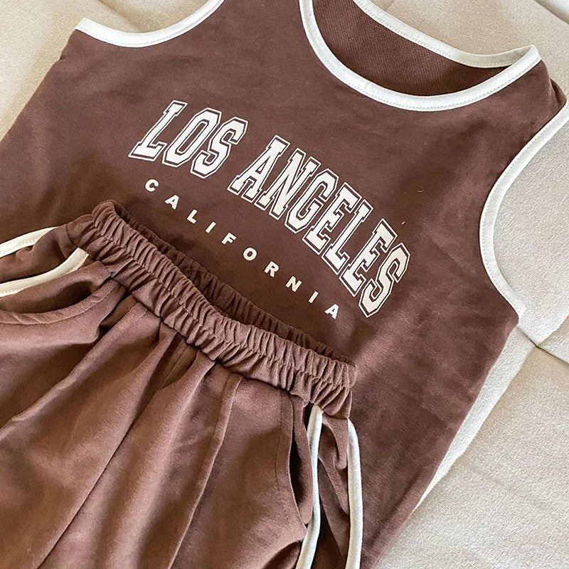 New Summer Kids Clothes Set Children Thin Style Letter Sports Suit Girls Tank Top Shorts Boys Outfits 4-6Y Unisex