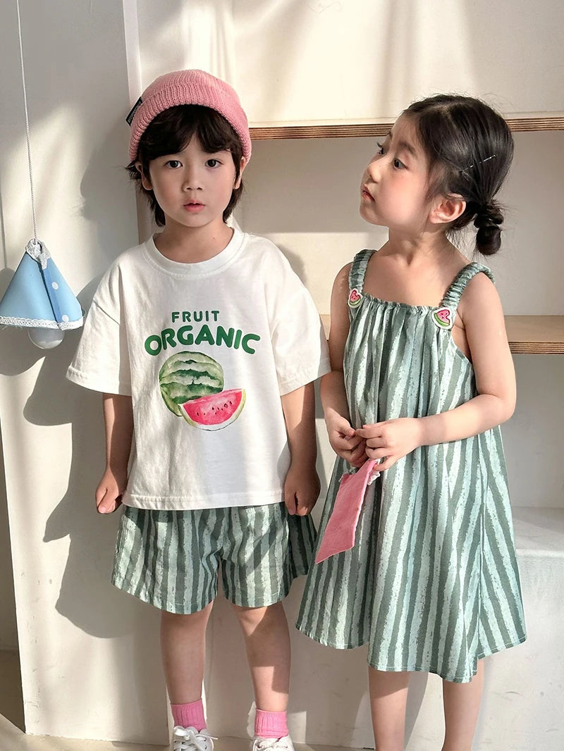 Children's Summer Clothes 2PCs Set Boys' Pure Cotton Striped Tee and Shorts Suit Cute Girls Suspenders Dress Siblings' Outfit Unisex