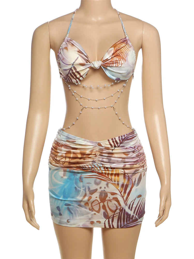 Backless Women Dress Pearl Chains Knot Wrap Summer Tie Dye Print Halter Bandage Backless Skinny Party Mini Bodycon