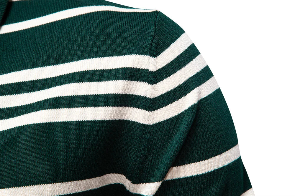 Men's Colour Block Striped Long Sleeve Polo Shirt For Autumn - Designer Business Premium T-shirts