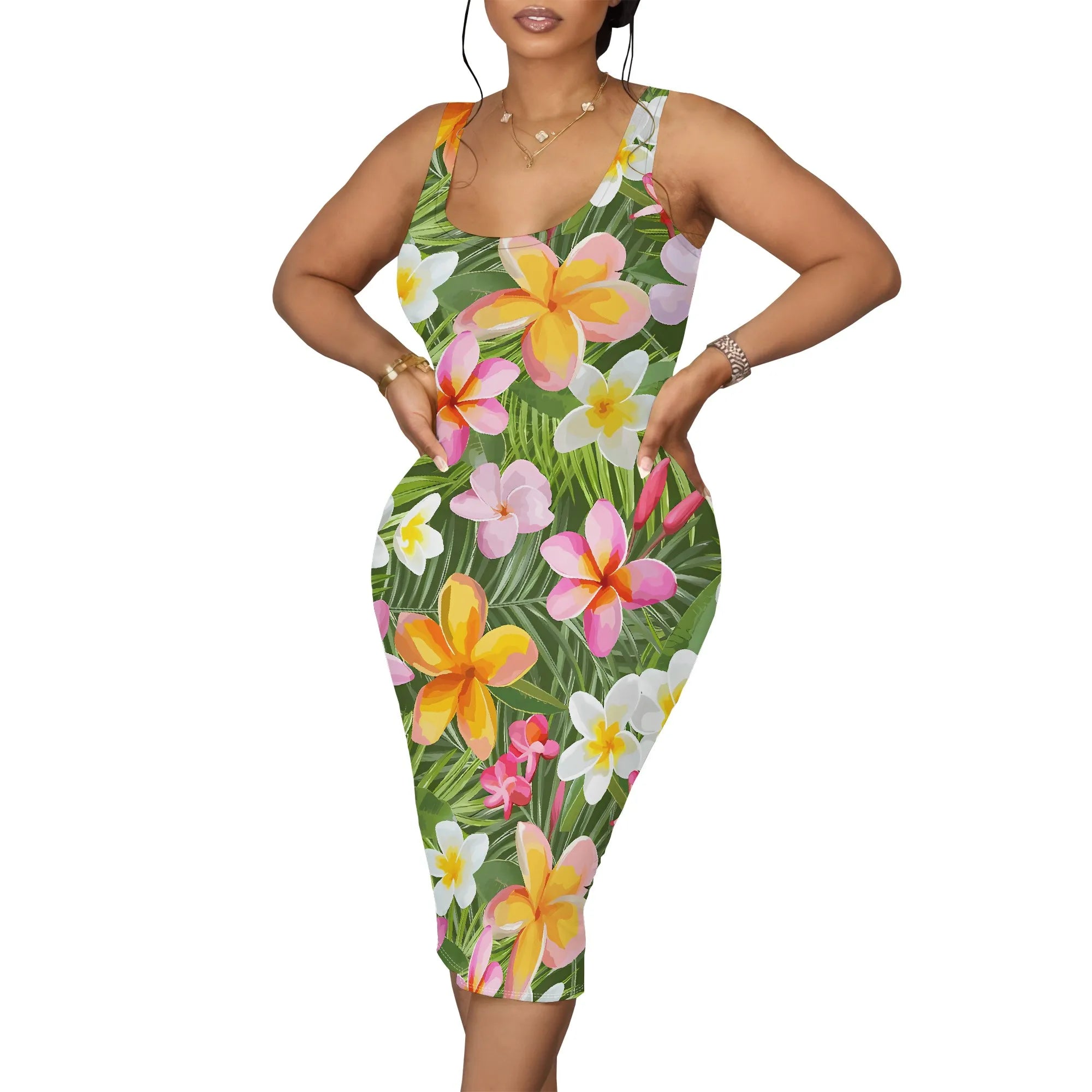 Tropical Floral Print Sleeveless Midi Dress for Women Sexy Summer Vacation Outfit