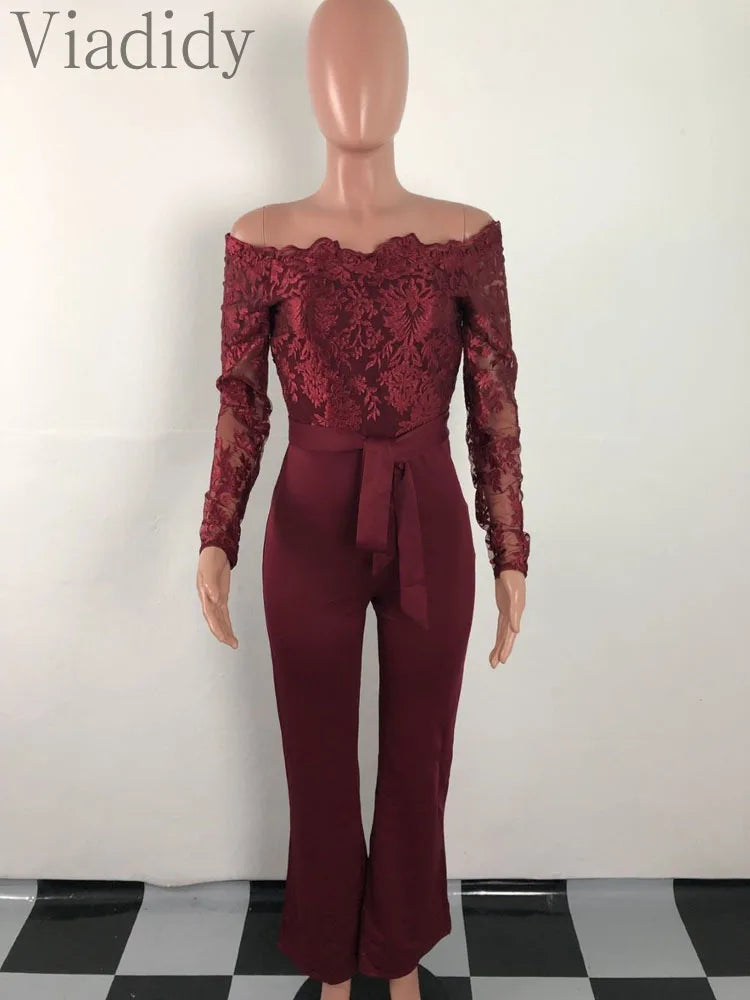 Off Shoulder Mesh Embroidery Long Sleeve Flare Jumpsuit With Belt
