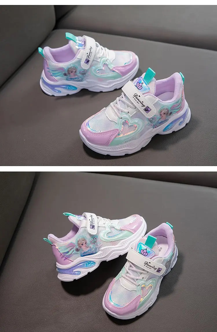 Girls' Casual Shoes Frozen Princess Elsa Sneakers Mesh Leather White Breathable Sole Children's Sport Shoes Size 26-37