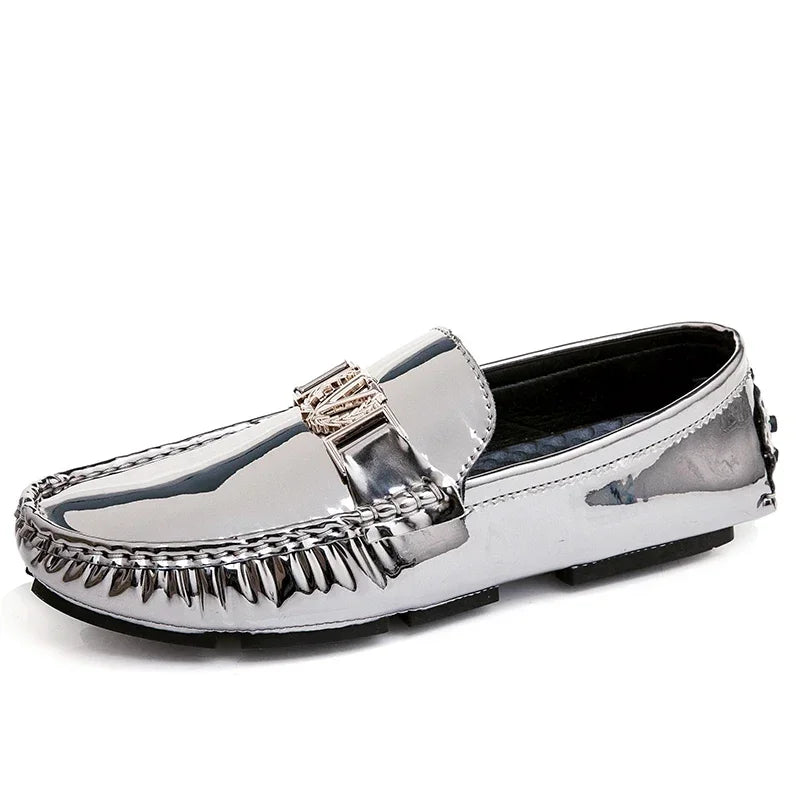 New Cool Male Formal Dress Shoes Silver Casual Moccasin Shoes for Men Large Size 38-48 Youth Fashion Popular Driving Loafers