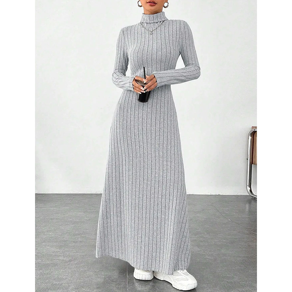 Women's Dresses Autumn Winter Decent Simple Solid Colour Long Sleeve High-Neck Maxi Wrap Casual Dresses