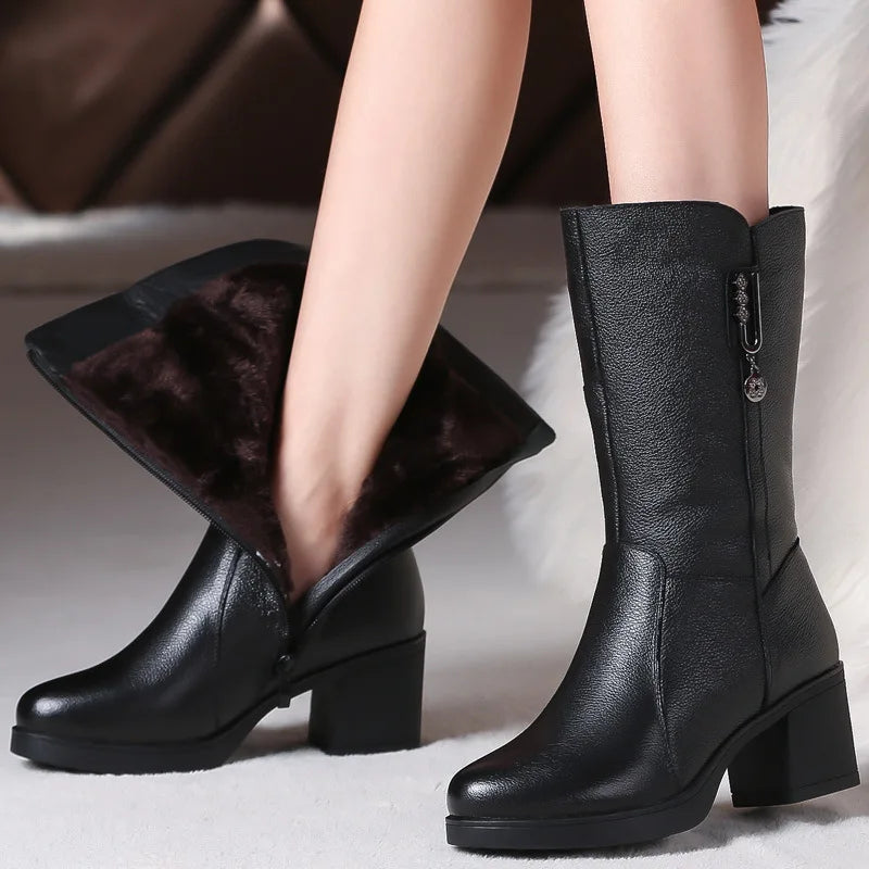 Women Genuine Leather Mid Calf Boots Female Mather Ladies Winter Fur Plush Warm