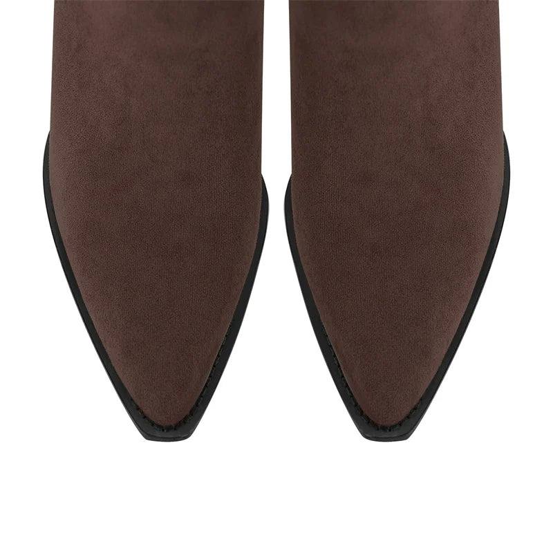 Pointed Toe  Pull-on Western Cowgirl  Boots  Chunky Heel Big Size Ankle Boots