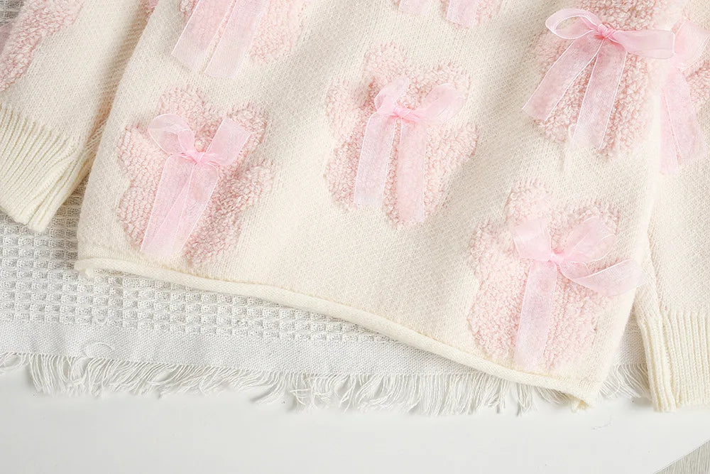 New Autumn Girls Knitted Sweater Sweet Bear Bow Kids Sweater Korean Loose Children Outwear Tops 9M-5T Girls