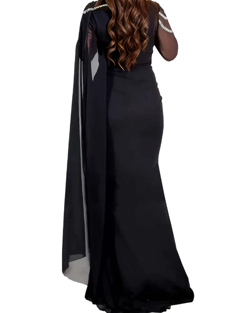 Sexy See Through Long Sleeve Solid Color Sheer Mesh Rhinestone High Slit Party Dress
