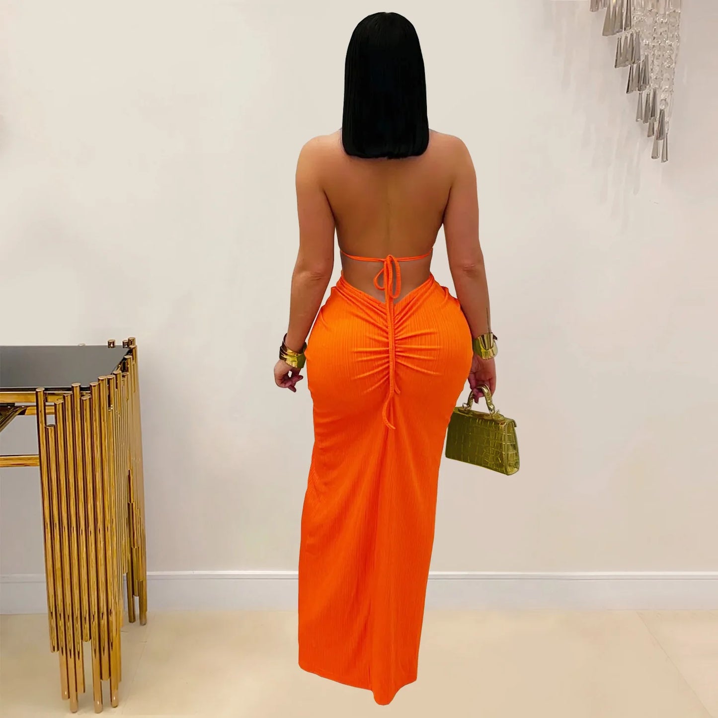 Bohemia Knitted Women Maxi Dress 2025 Summer Halter Lace Up Backless Split Sheath Vestidos Beach Vacation Robe
