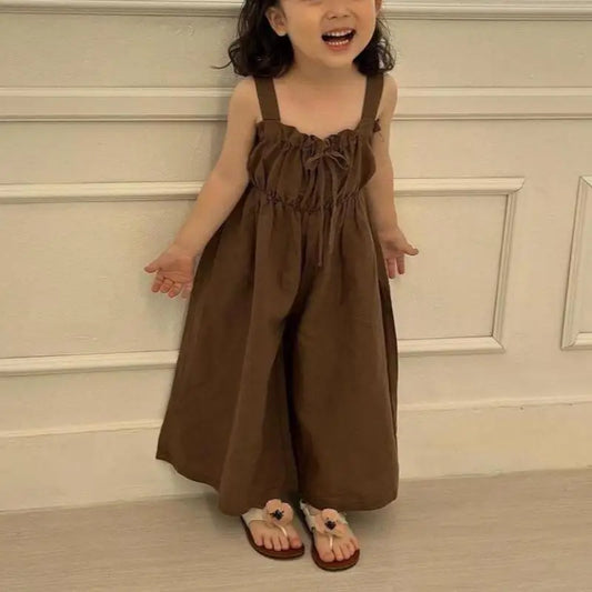2025 Zomer Nieuwe Meisjes Mode Sling Wijde Pijpen Broek Katoen Kinderen Casual Overalls Kinderen Jumpsuit Effen Baby Meisjes Losse Broeken 4-6Y
