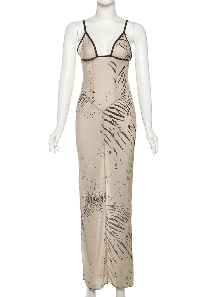 Tie-dye Print Dress Women Sexy Low-Neck Skinny Sleeveless Backless Skinny Vacation Beach Club Party Classic Vestidos