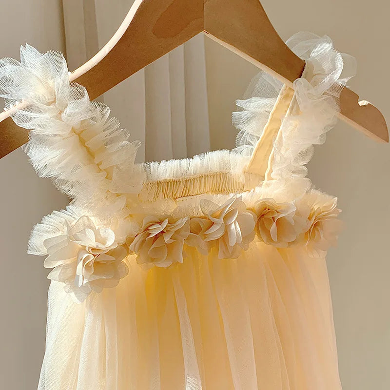 Summer Kids Sweet Mesh Dress Girls 6 Colours Suspended Floral Beach Skirt Children Tutu Princess Dress 1-6Y Girls