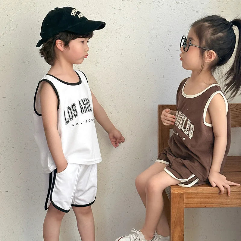 New Summer Kids Clothes Set Children Thin Style Letter Sports Suit Girls Tank Top Shorts Boys Outfits 4-6Y Unisex