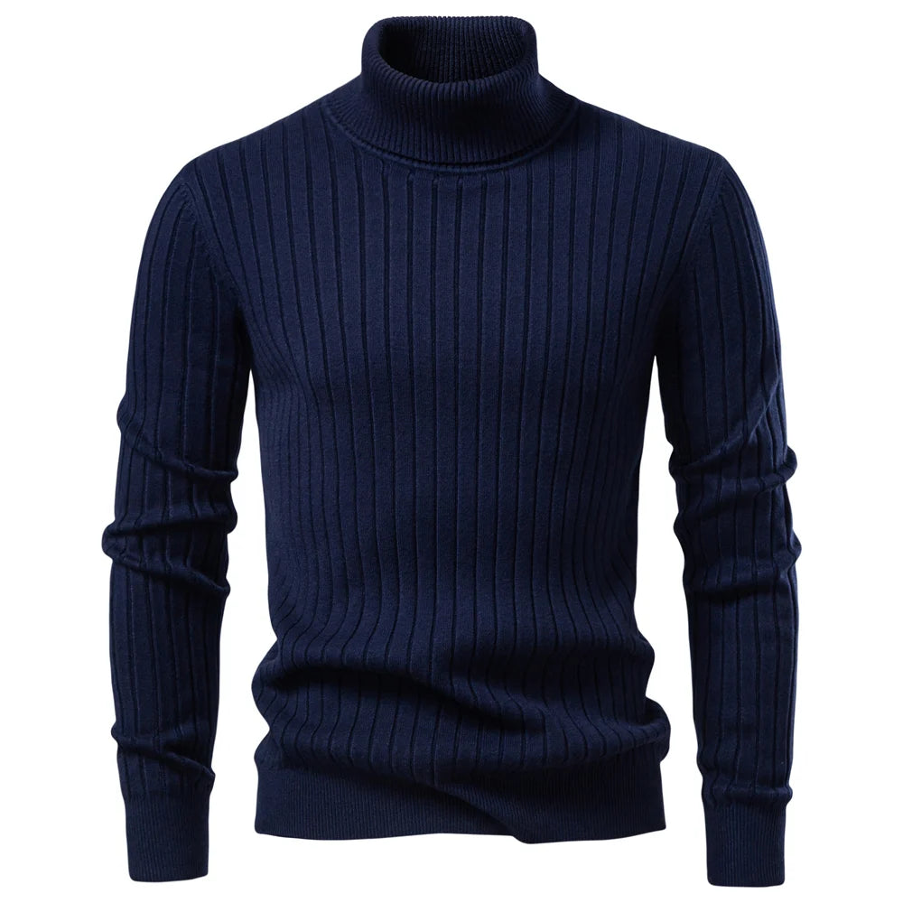 Men's Turtleneck Sweater Solid Colour With Striped Pullover Warm Knitwear Winter Casual High Quality Male Sweater