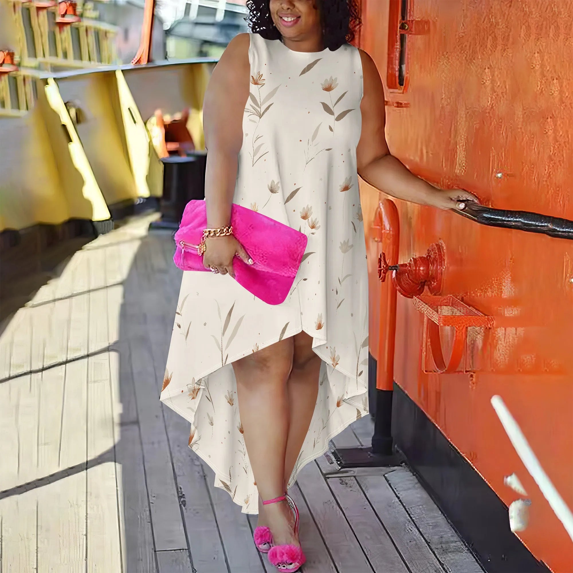 Plus Size Sleeveless Tropical Leaf Print High-Low Dress for Women, Casual Summer Dress