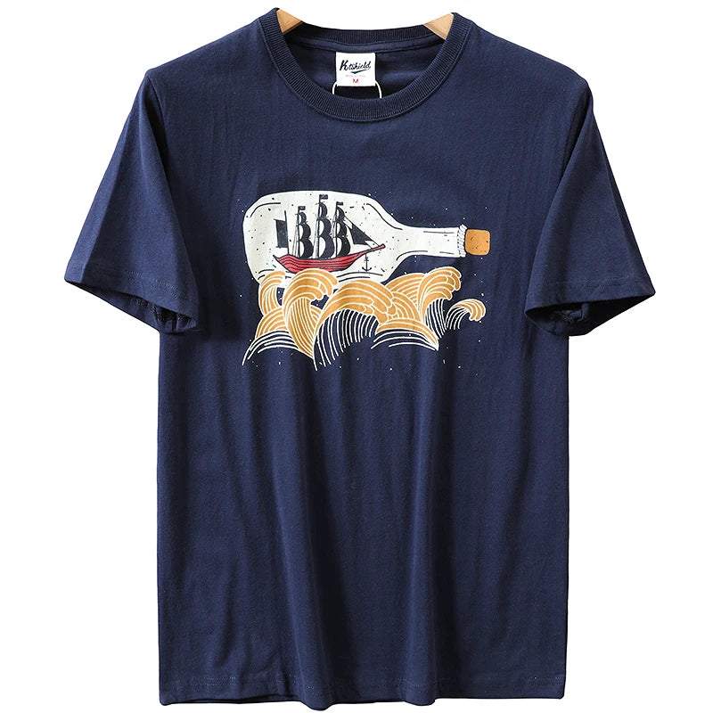 2025 Summer New American Retro 250g Short Sleeve O-neck Printed T-shirt Men's Fashion 100% Cotton Washed Casual Loose Tops