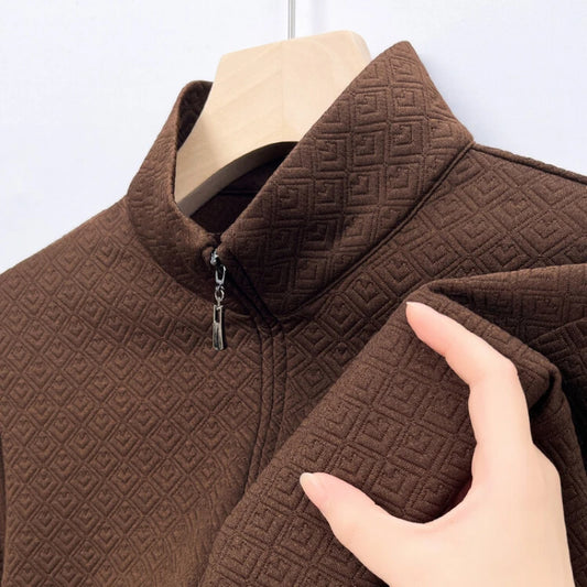 Men's Zipper Stand-Up Collar Long Sleeve T-shirt, Autumn & Winter Fashion Brand Loose Pullover With Advanced Geometric Jacquard Fabric