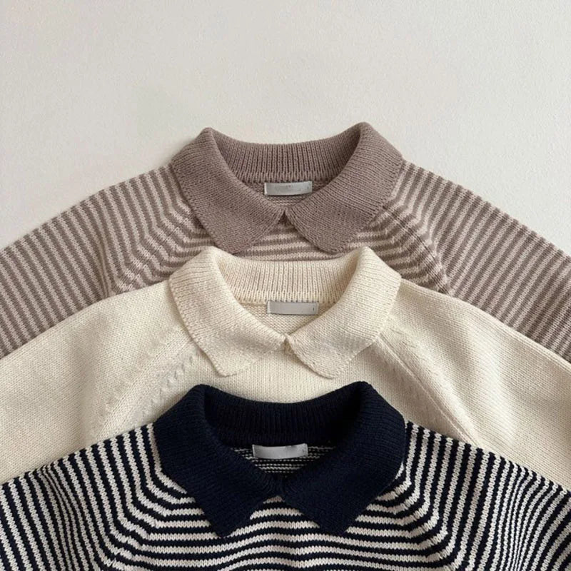 Baby Children's Sweater Turn Down Collar Kids Clothes Classic Striped Boys Jacket Sweaters Girls Knit Pullover 1-6Y Unisex