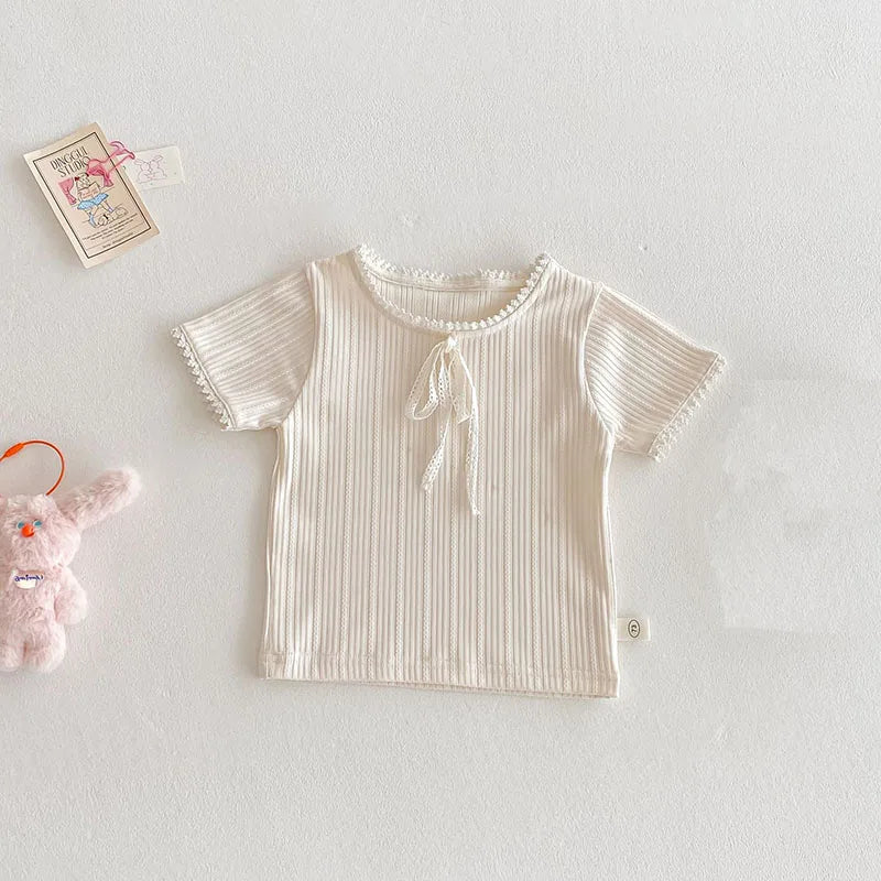 New Summer Kids T-shirt Boys Cute Hollow Out Floral Tops Children Thin Style Pit Strip Lace Girls Tee 1-5T Unisex