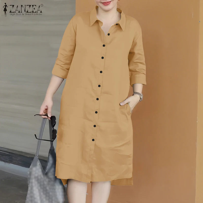 2025 Fashion Autumn Shirt Dress Women Lapel Neck 3/4 Sleeve Sundress Casual Loose OL Work Dresses Button Midi Robe Kaftan