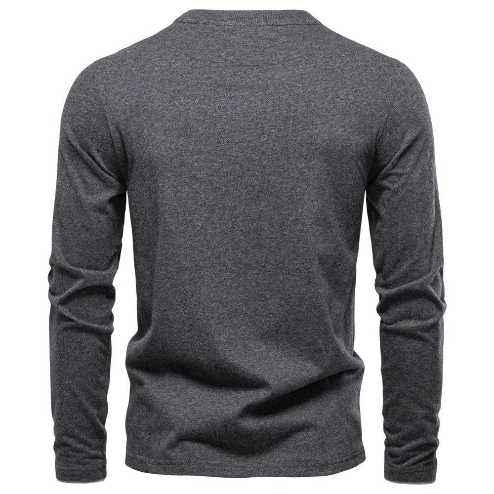 Men's Henley Collar Casual T-Shirt Solid Colour Long Sleeve Autumn Fashion High Quality 100% Cotton Male T-Shirts