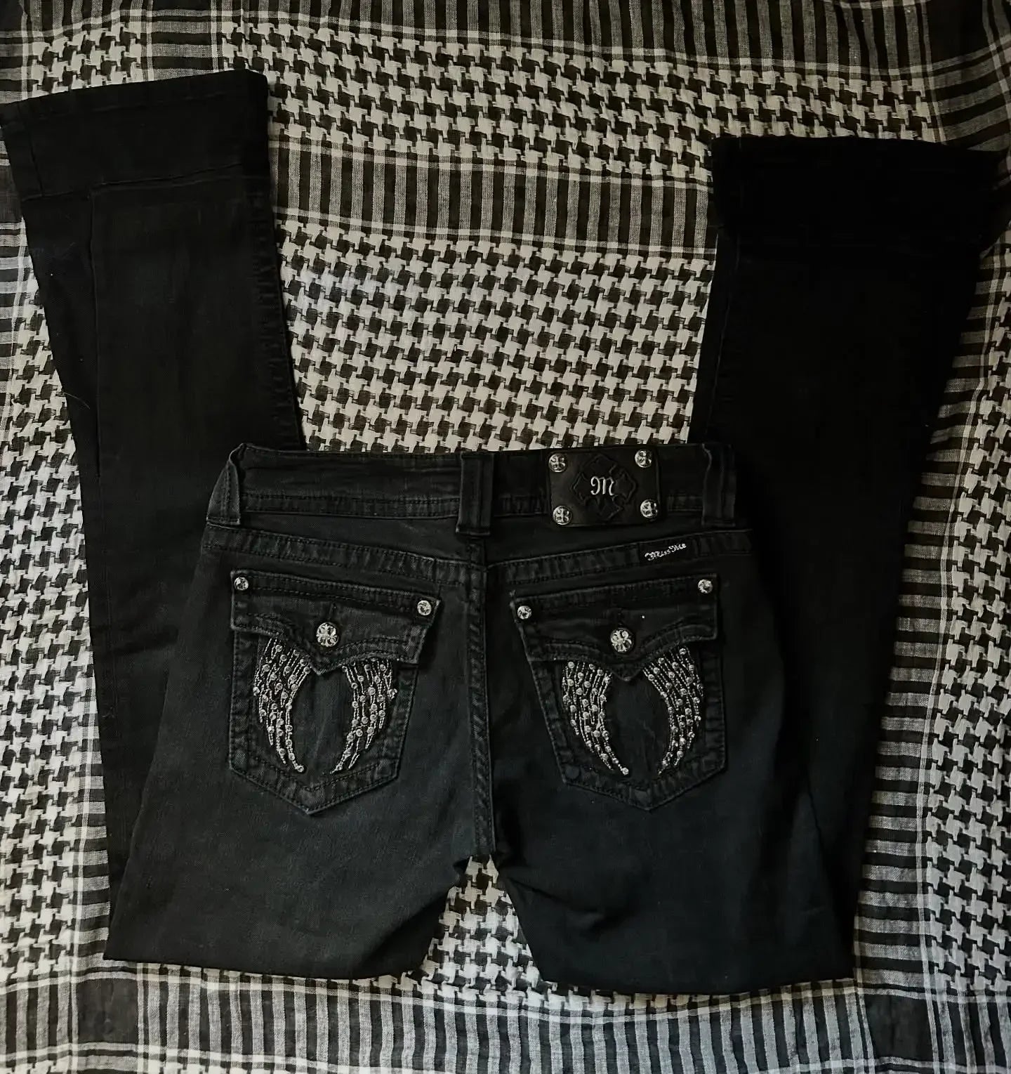 Women's Gothic Jeans Y2K Clothes Harajuku Hip Hop Pocket Embroidery Vintage Dark Blue Baggy Jeans High Waist Slim Flared Trousers