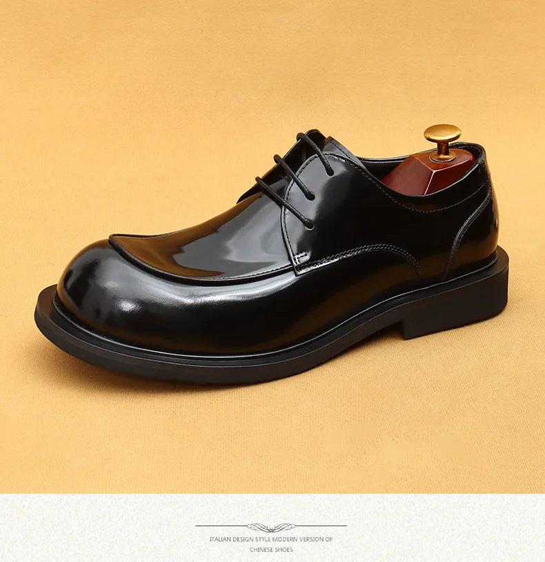 Men's business lace up casual leather shoes British big toe shoes cowhide patent leather round toe derby shoes Retro men's shoes