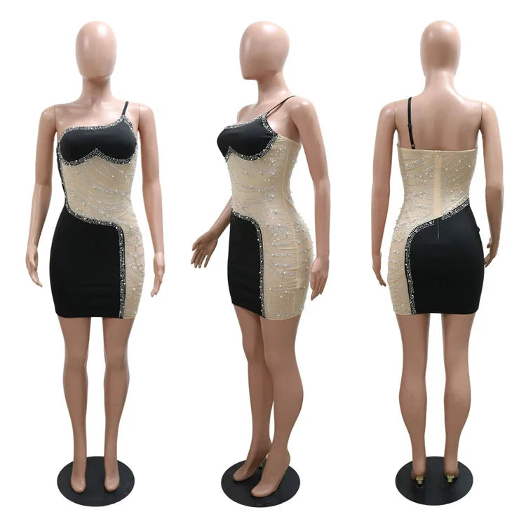 One Shoulder Mesh Rhinestone Inlaid Sleevless Backless Zipper Slim Night Club Dress