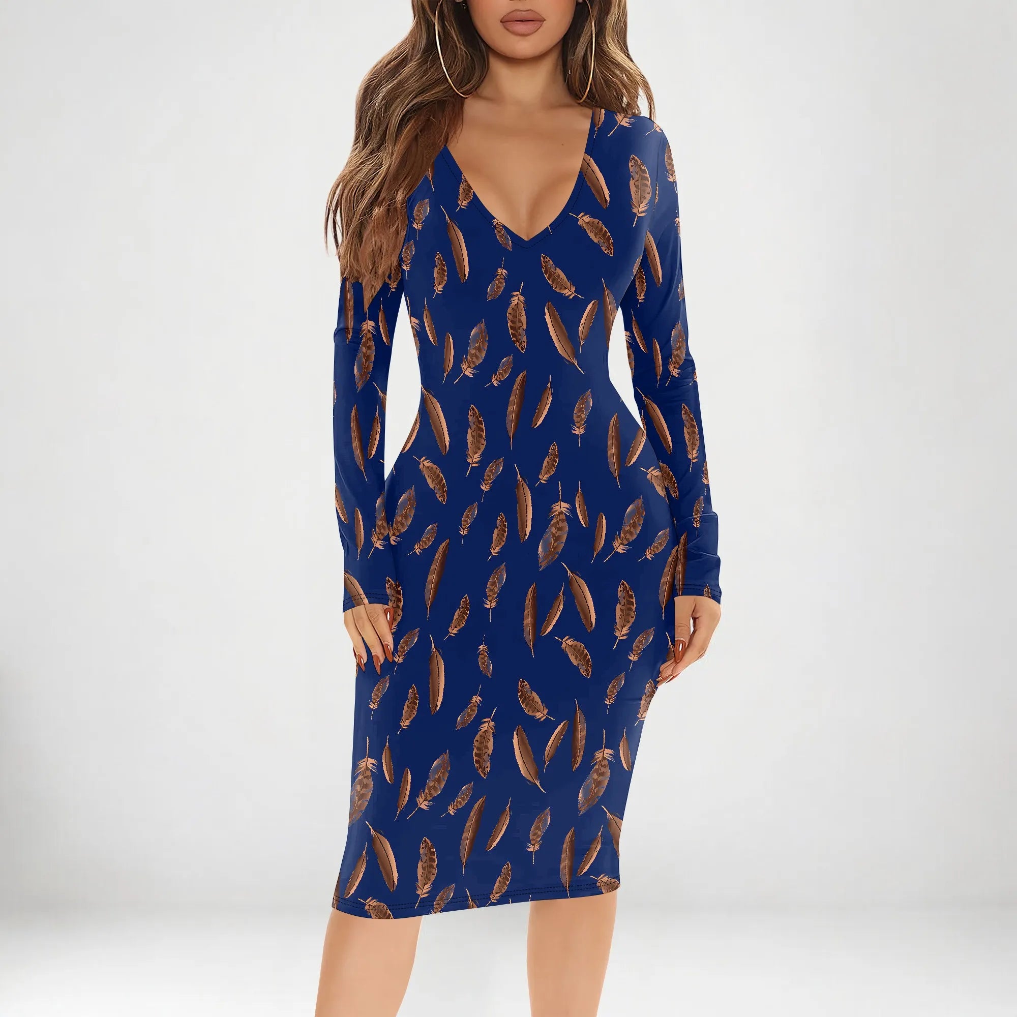 Womens Bodycon White Dark Blue line Flower Print Round Neck Ruffle Ruched Party Knee Length Pencil Dress