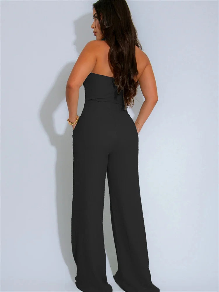 Women Fashion Straight Jumpsuit Summer Trend Twist Bandage Halter Ruched Hollow Backless Sleeveless Classic Outfits