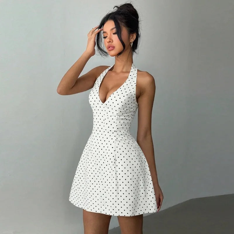 Polka Dot Printed Halter Dress Women's Sexy V neck Backless Mini Dress High Waist Bodycon Summer Fashion Vacation Dress
