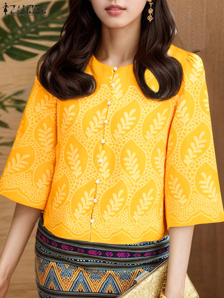 Casual Printing Shirts Women 2025 Autumn Elegant O-Neck Three Quarter Sleeve Button Up Chemises Femme Everyday Wear Tops