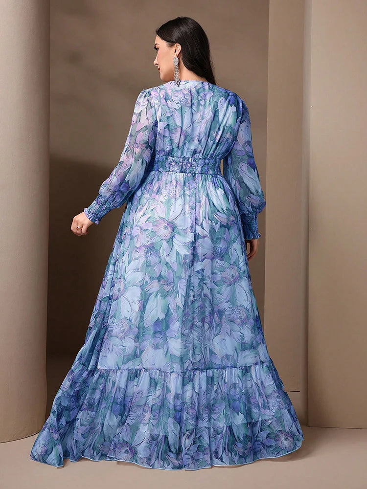 Women's Plus Size Spring/Summer Casual Elegant Floral Printed Dresses With Deep V-Neck and Lantern Sleeve Ruffles Hem Suitable For Vacation
