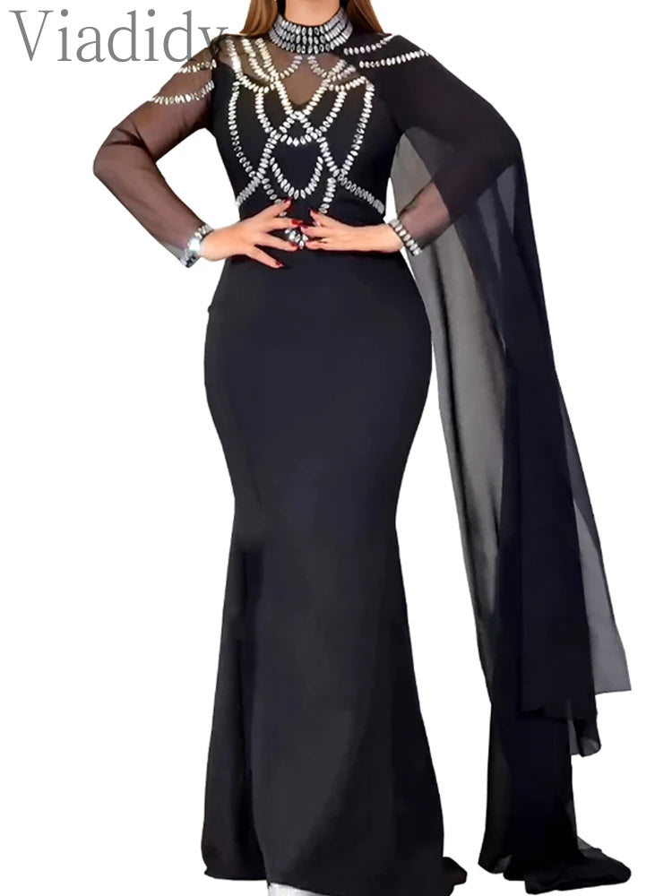 Sexy See Through Long Sleeve Solid Color Sheer Mesh Rhinestone High Slit Party Dress
