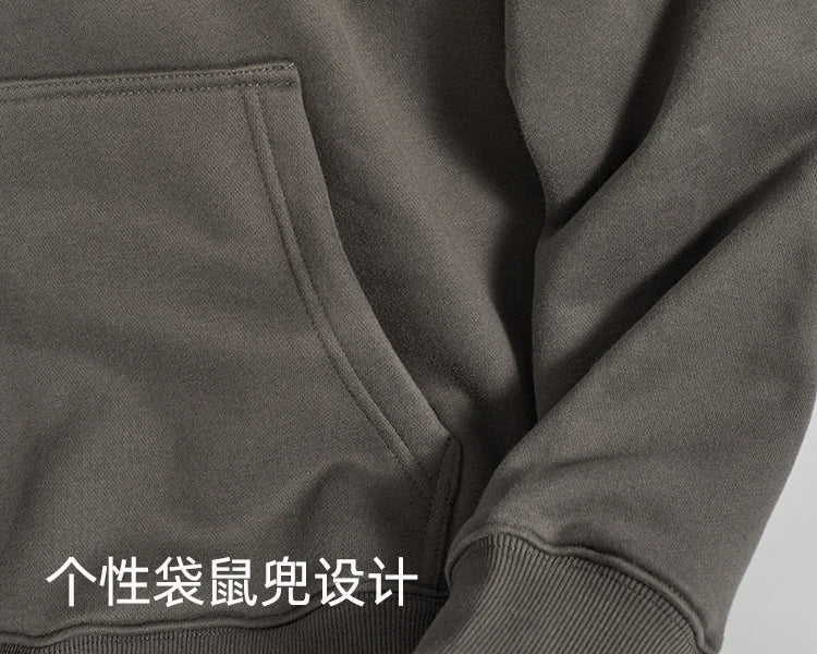 Autumn Winter American Retro Hooded Kangaroo Pocket Sweatershirts Men's Fashion Loose Casual Heavyweight Velvet Pullover Hoodies