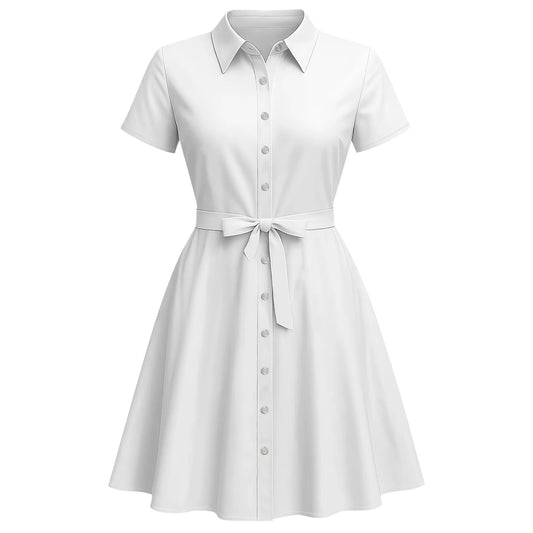 Women's Fashion Button Up Split Dresses Short Sleeve Casual Solid Color Midi Dress A-Line Swing Dresses with Belt