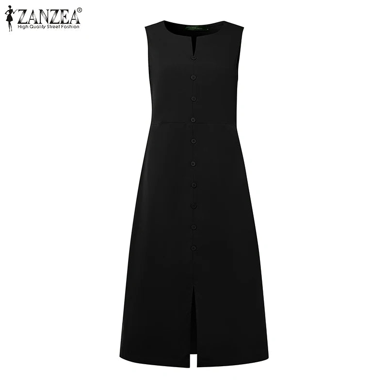 2025 Women Summer Sundress Elegant Work OL Midi Dresses V Neck Sleeveless Solid Dress Fashion Buttons Down Robe Plus Size