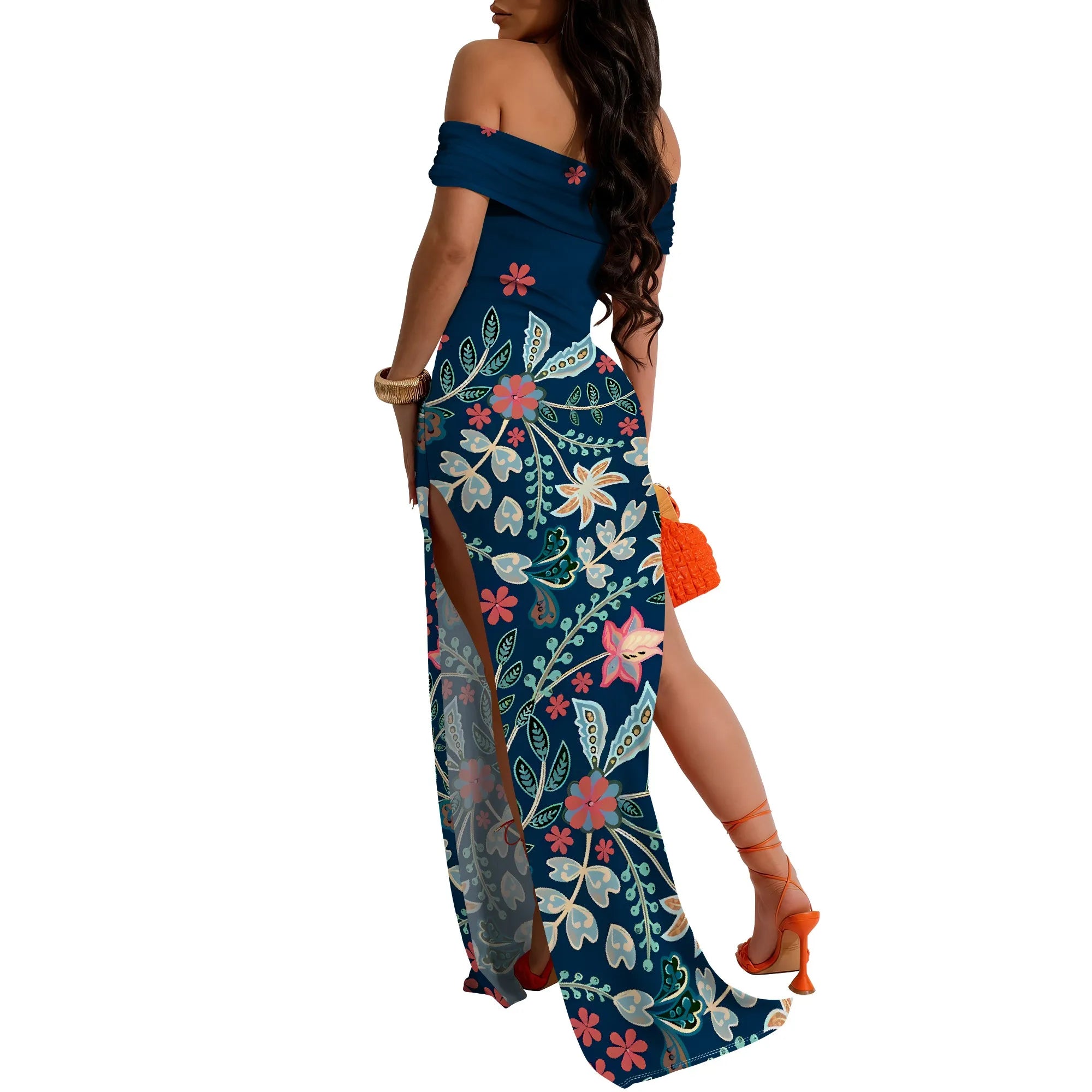 Black White Speckled Off-Shoulder High Slit Maxi Dress - Women's Modern Stylish Party Evening Resortwear