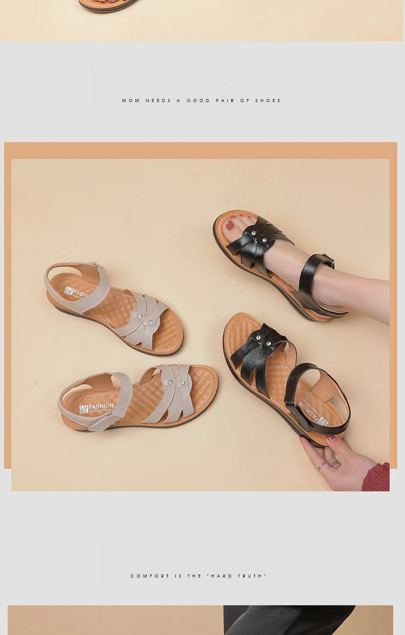 Women's Female Ladies Mother Genuine Leather Sandals Platform Shoes Non Slip Summer Cool Beach Hook Loop Plus Size 42 43