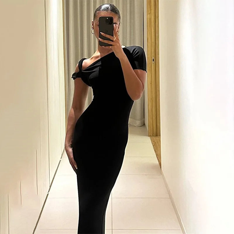 Smooth Bandage Dress Woman Summer Sexy Irregular Solid Sheath Chic Stretch Body-Shape Birthday Party Elegant Bodycon