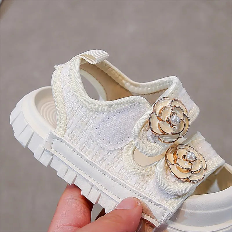 Korean Style Summer Sandals For Girls Luxury Pearl Flower Children's Beach Shoes Ergonomics Soft-soled Kid's Girl Sandals