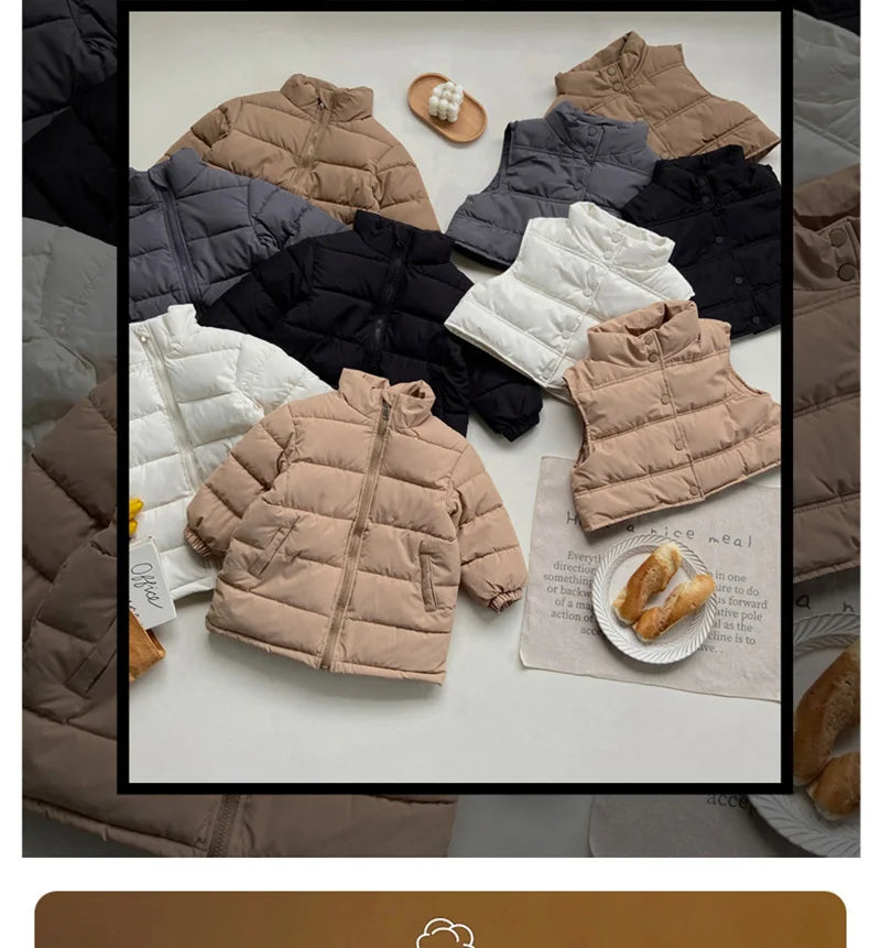 Winter Kids Parkas Thicken Vest And Parkas 2 Pcs Boys Long Parka Cotton Lining Girls Jacket 4-6Y Unisex