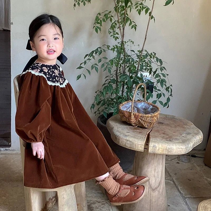 Autumn Velvet Vintage Style Kids Long Dress for Girls Floral Round Collar Princess Kids Clothes Dresses 2-6 Years