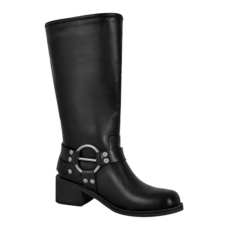 Women Gothic Black Round Toe Knee High Boots Heeled Metal Rivet Buckle Fashion 2023 Autumn Motorcycle Boots