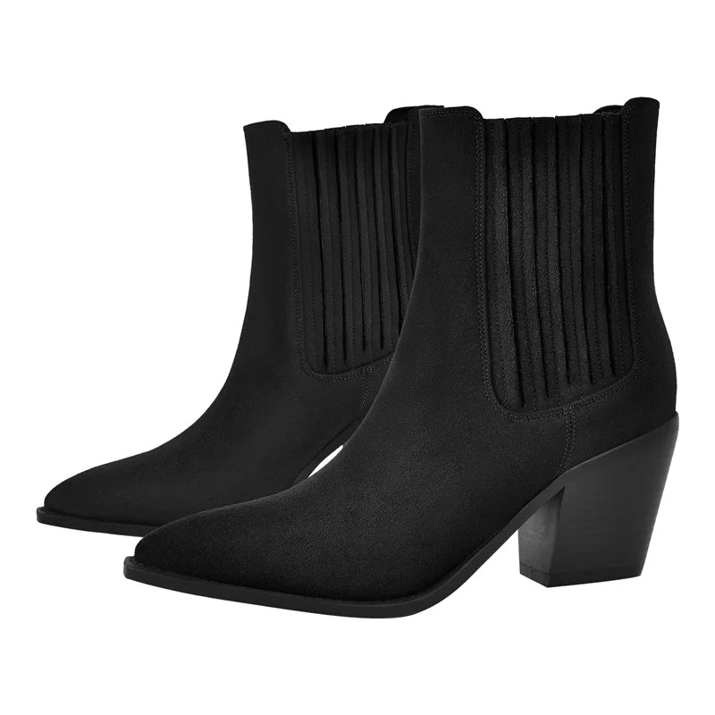 Pointed Toe  Pull-on Western Cowgirl  Boots  Chunky Heel Big Size Ankle Boots